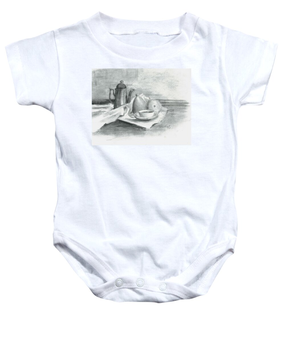 Silver Teapot Baby Onesie featuring the painting Tea for Madame by Maria Hunt