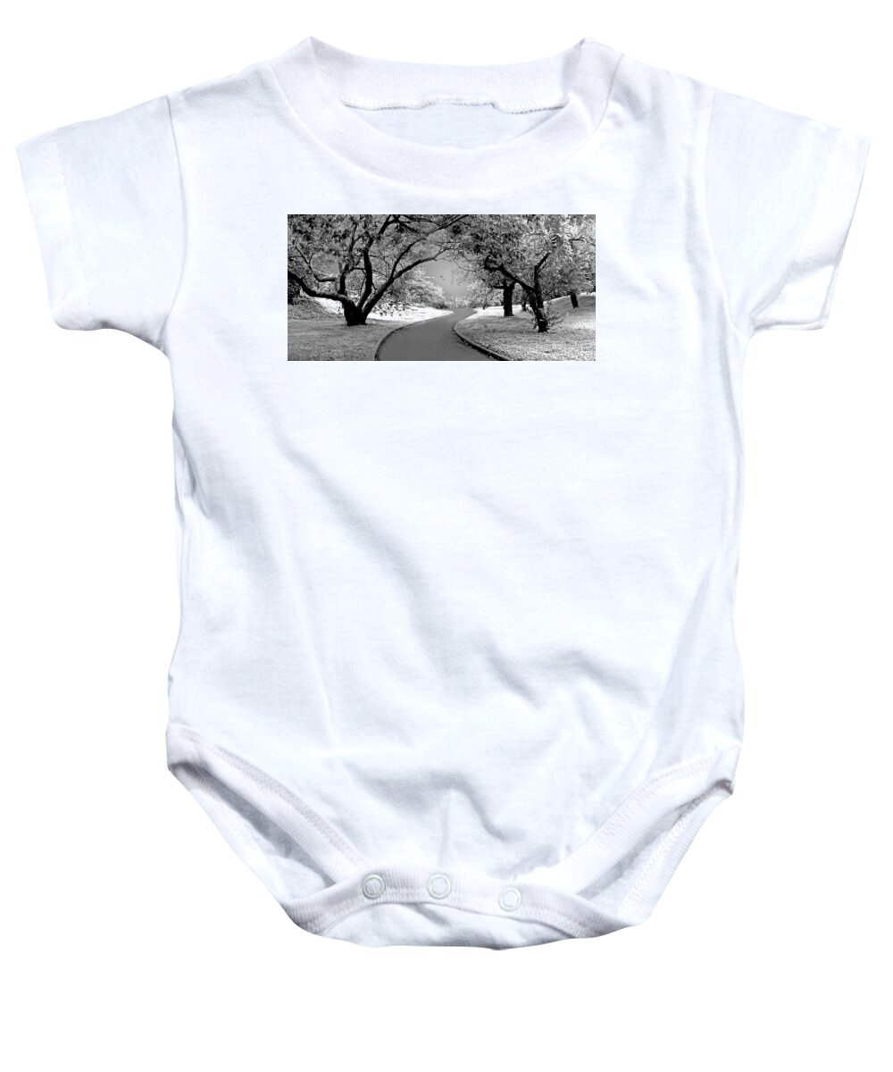 Black Baby Onesie featuring the photograph The Cherry Orchard Infrared by Jessica Jenney