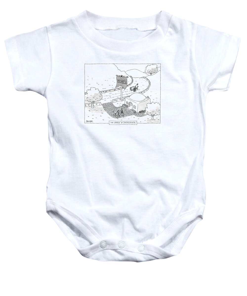 Cradle Of Convenience Baby Onesie featuring the drawing The Cradle Of Convenience by Jack Ziegler