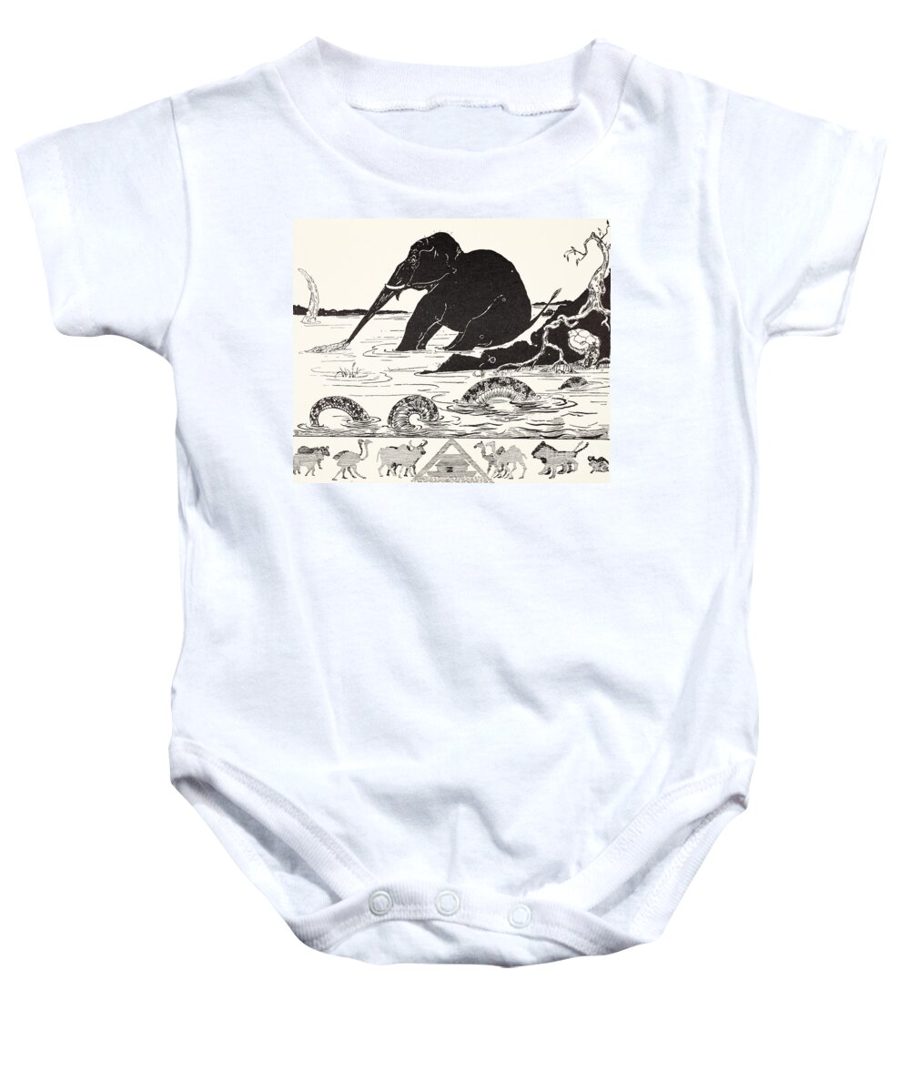 Roots Baby Onesie featuring the drawing The Elephant's Child having his nose pulled by the Crocodile by Joseph Rudyard Kipling
