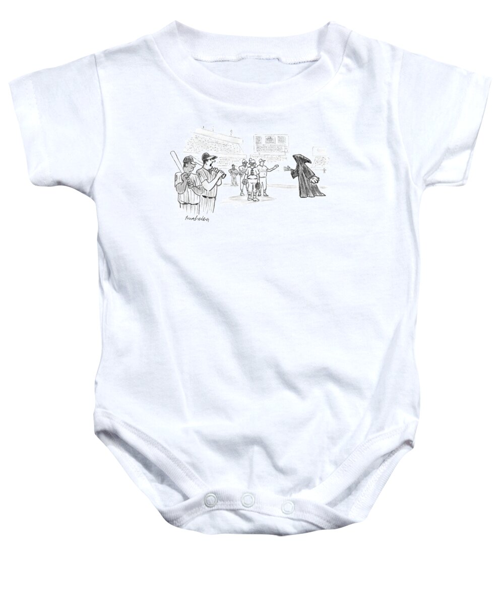 #condenastnewyorkercartoon Baby Onesie featuring the drawing The Grim Reaper Is A Relief Pitcher by Mort Gerberg