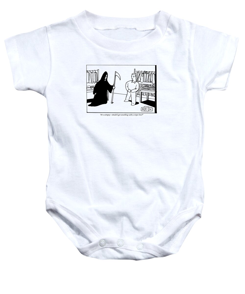 Men's Baby Onesie featuring the drawing The Grim Reaper Is Trying On Clothing by Bruce Eric Kaplan