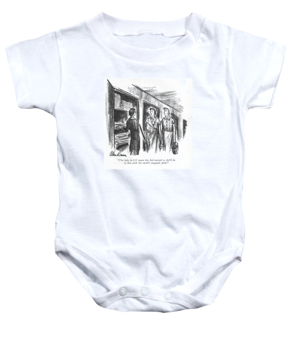108351 Adu Alan Dunn Baby Onesie featuring the drawing The Lady In 912 by Alan Dunn