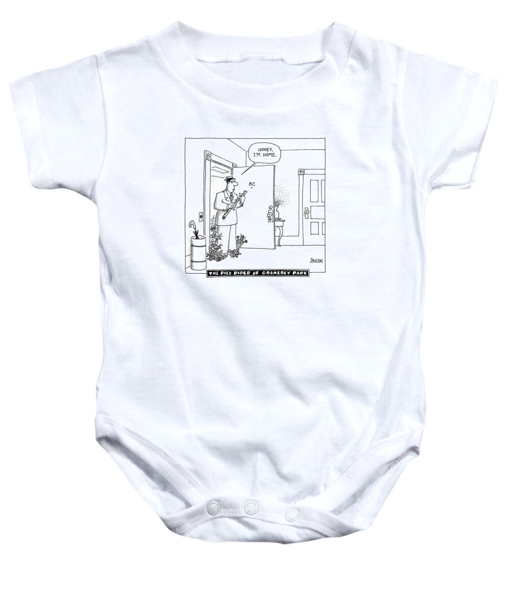 Urban Baby Onesie featuring the drawing The Pied Piper Of Gramercy Park by Jack Ziegler