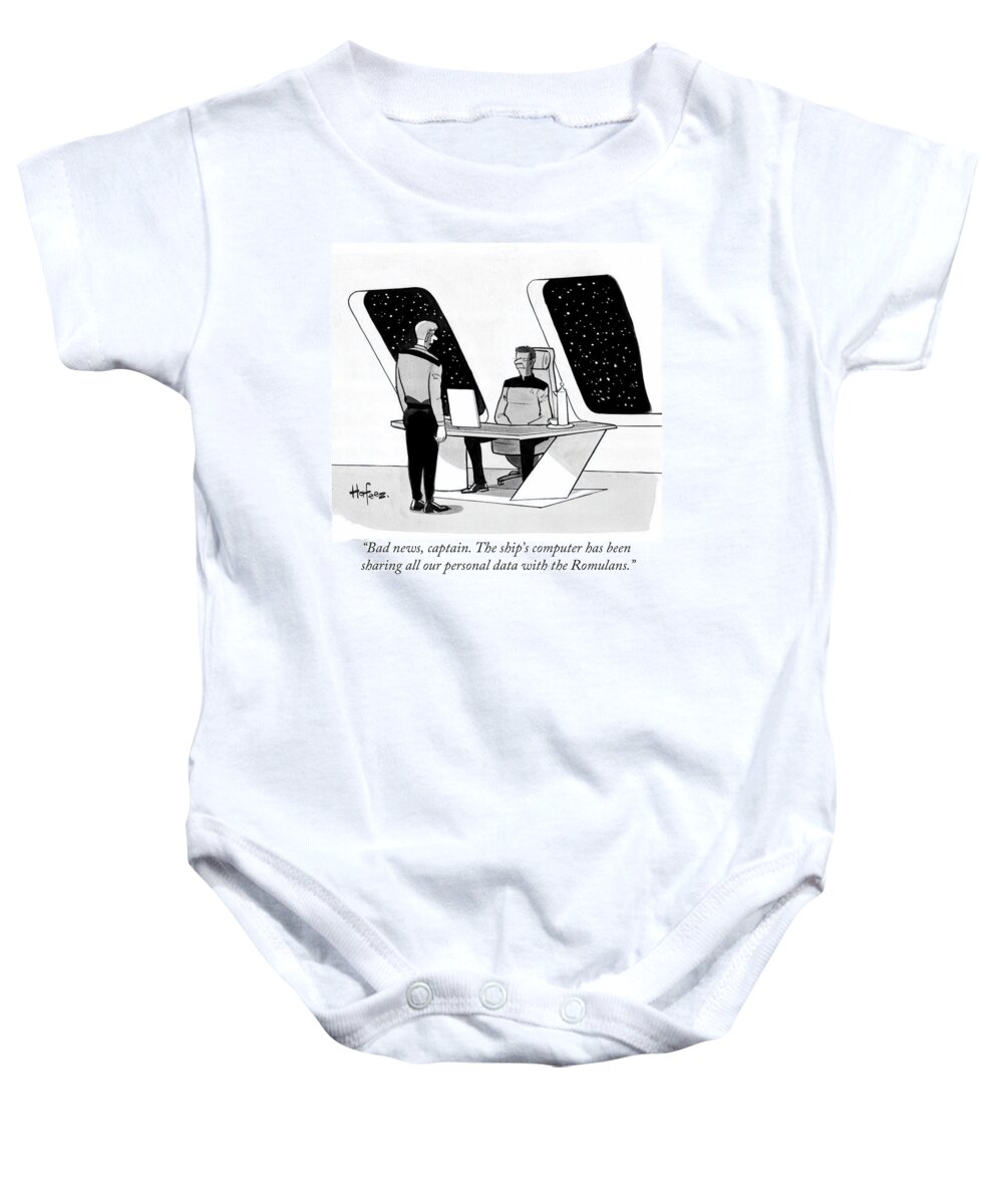 Bad News Baby Onesie featuring the drawing The Ship's Computer Has Been Sharing All by Kaamran Hafeez