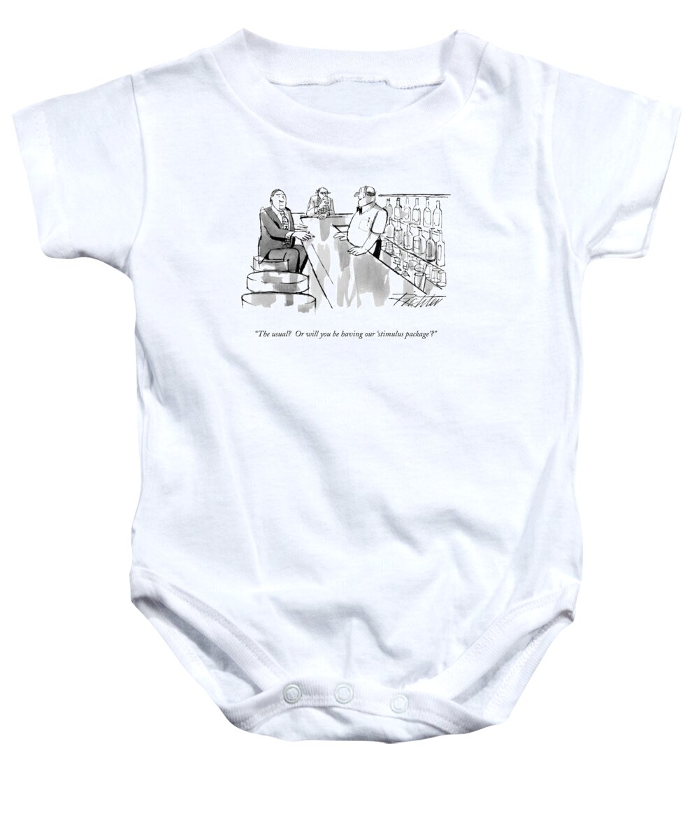 
(bartender To Customer)
Bars Baby Onesie featuring the drawing The Usual? Or Will You Be Having Our 'stimulus by Mischa Richter