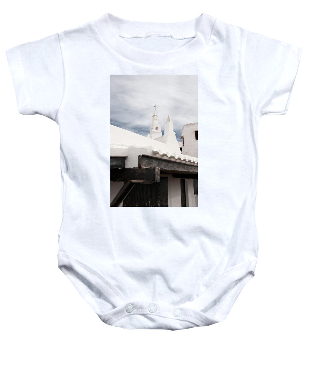 Azure Baby Onesie featuring the photograph Binibeca vell in Menorca is a small fishermen villa with the taste of past times - The white Chapel by Pedro Cardona Llambias