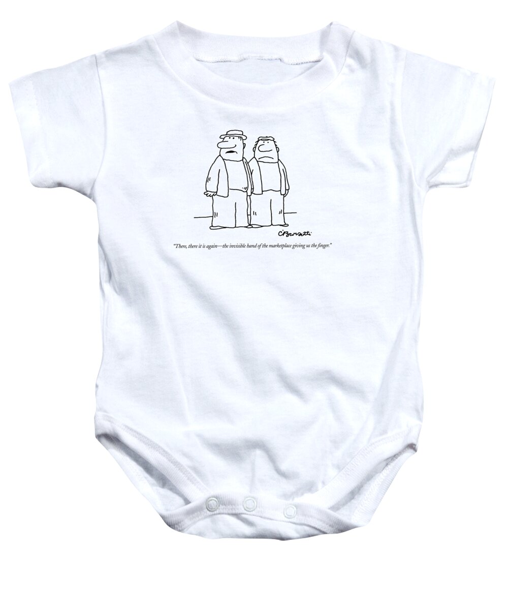 Invisible Hand Baby Onesie featuring the drawing There, There It Is Again - The Invisible Hand 
Of by Charles Barsotti