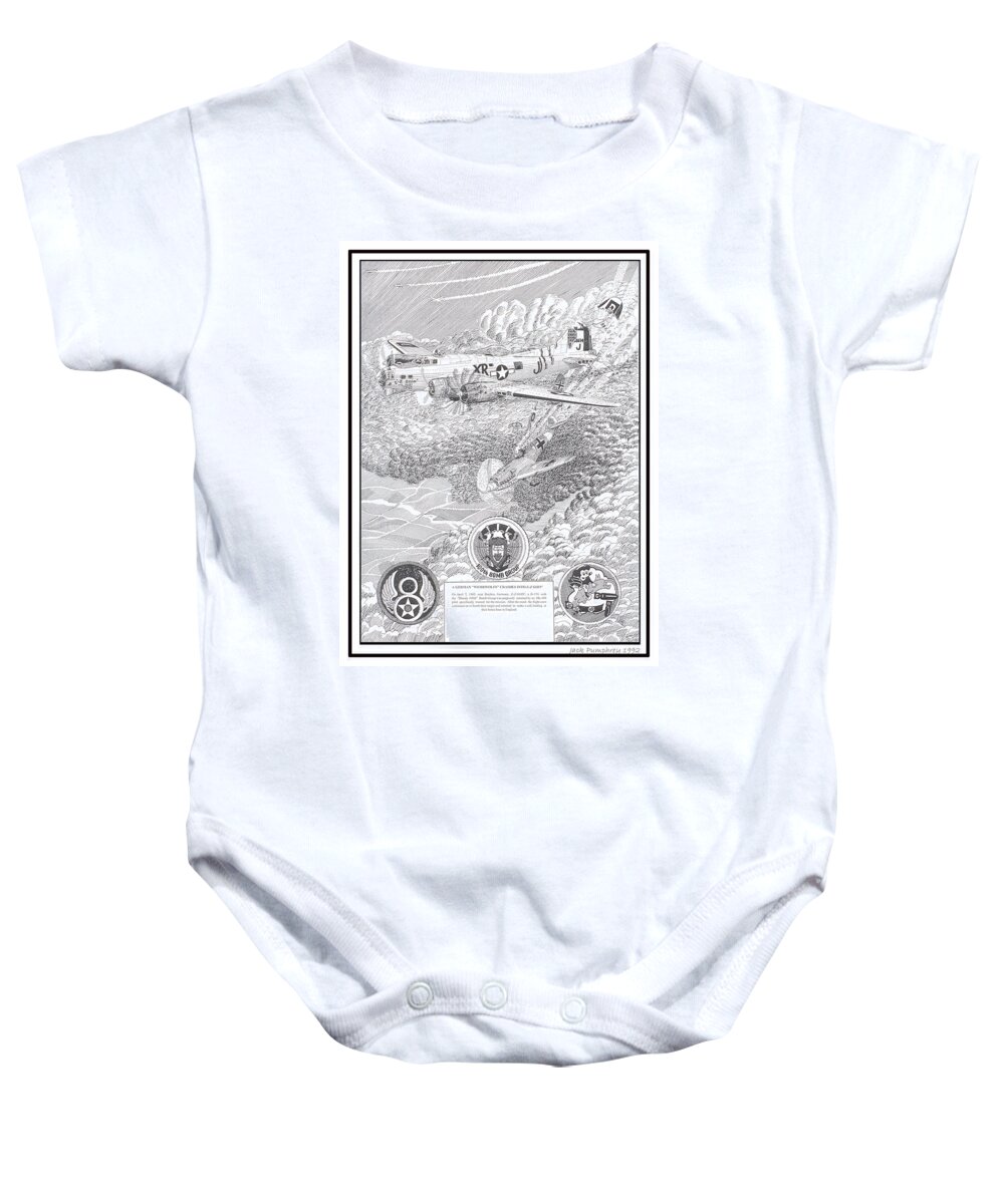 Art Of Famous Bombers Baby Onesie featuring the drawing They all lived crash of Boeing B 17 and ME 109 by Jack Pumphrey