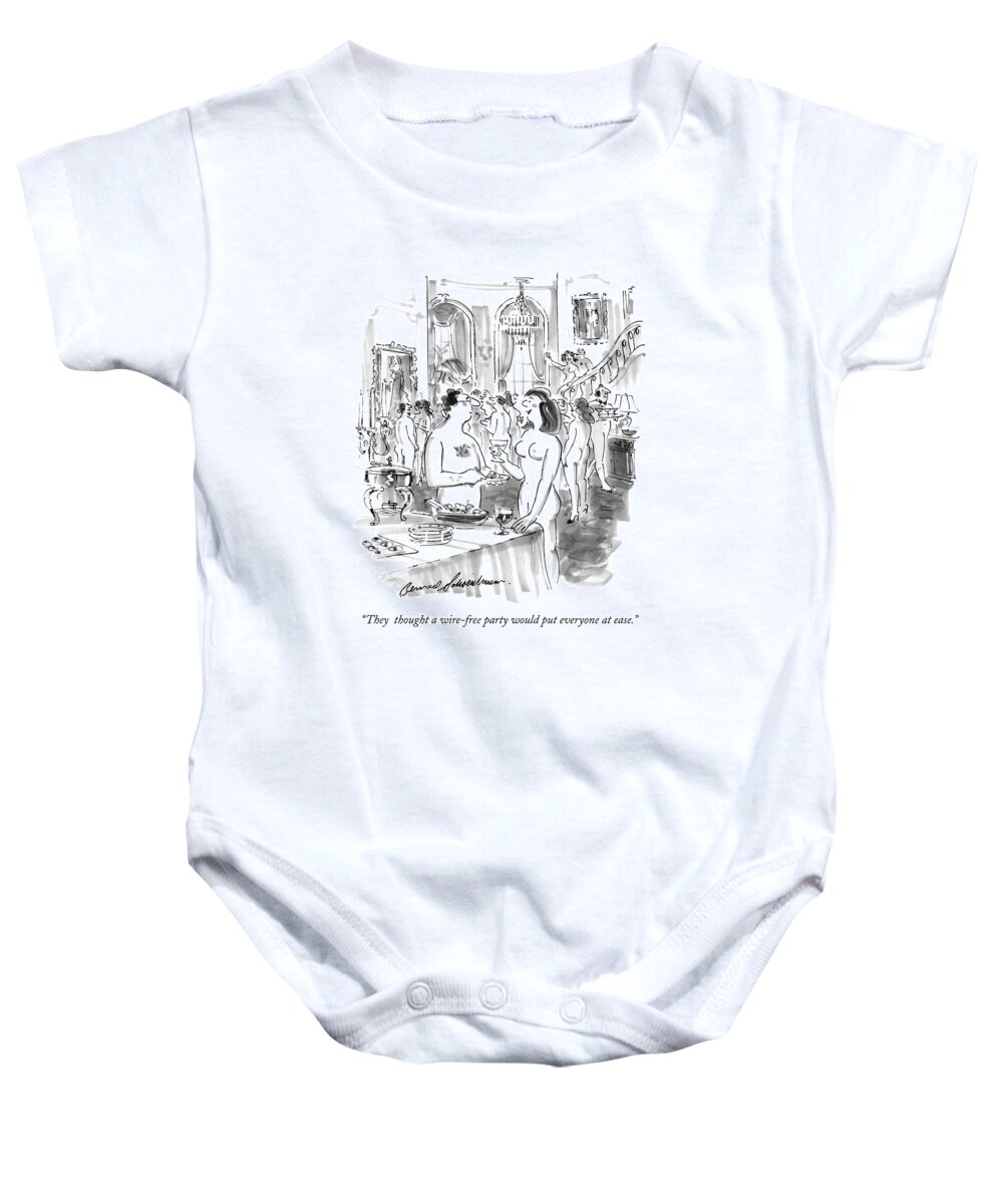 Wire Tap Baby Onesie featuring the drawing They Thought A Wire-free Party Would Put by Bernard Schoenbaum