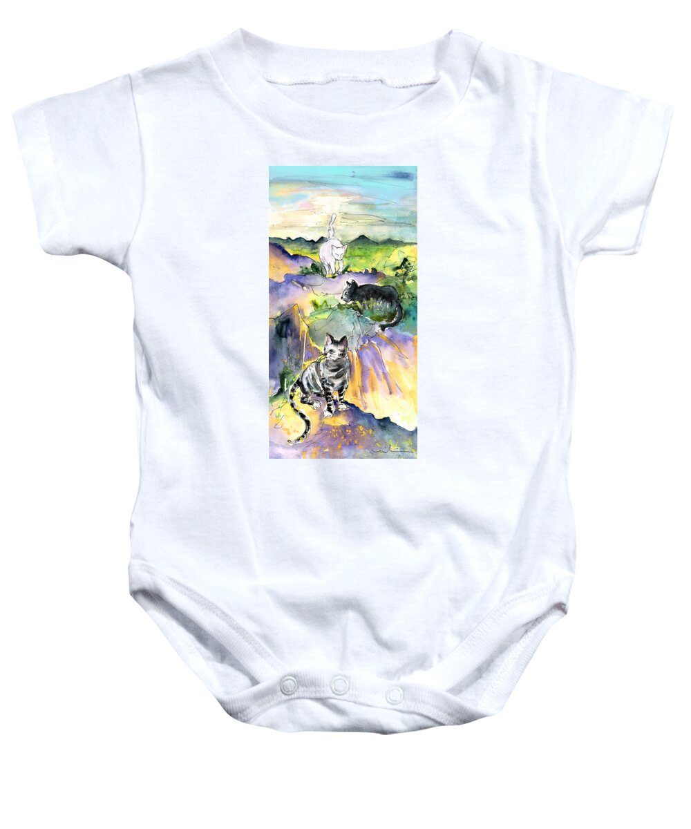 Travel Baby Onesie featuring the painting Three Cats on The Penon de Ifach by Miki De Goodaboom