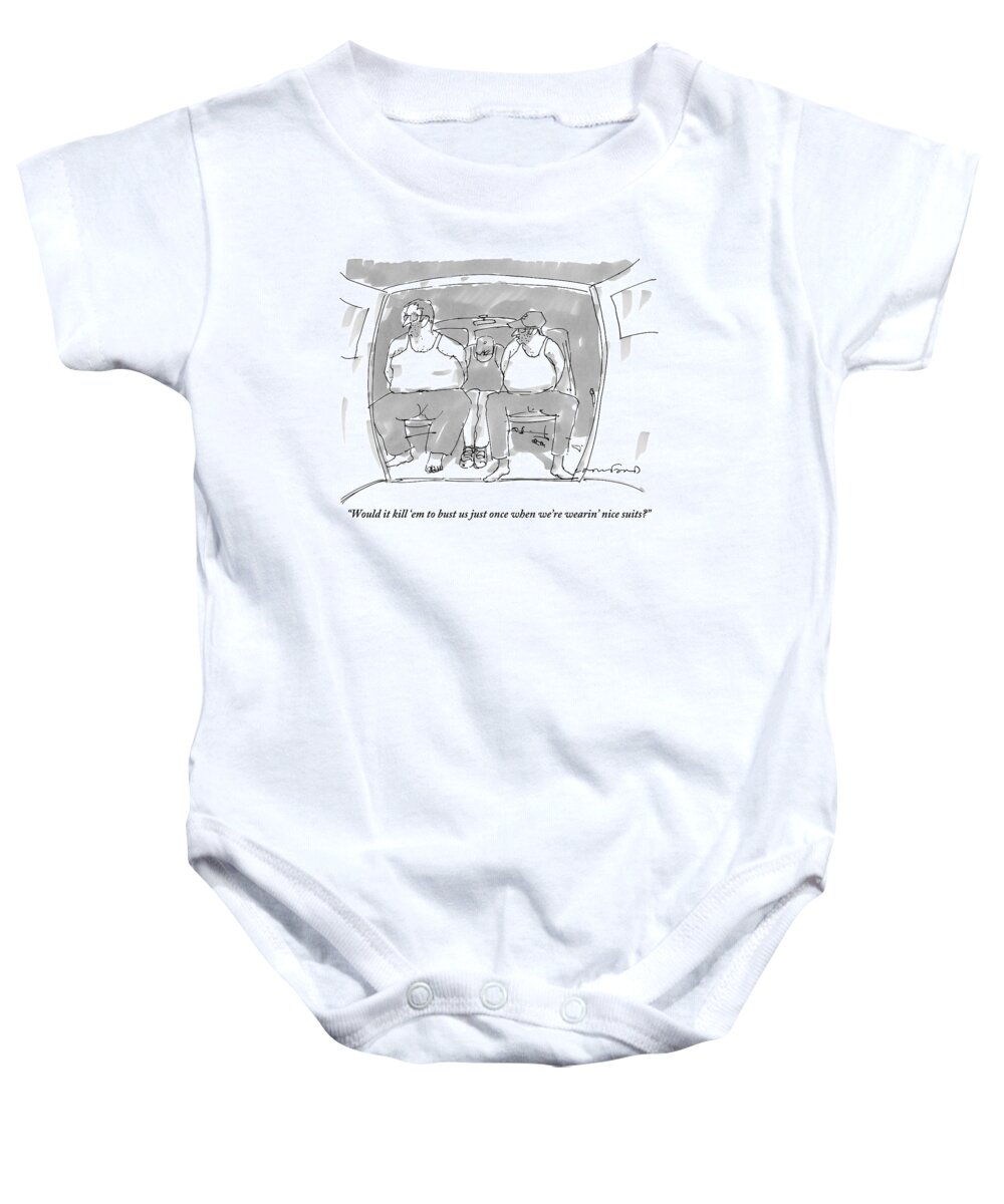Crime Baby Onesie featuring the drawing Three Handcuffed Men In Pajamas Talk In The Back by Michael Crawford