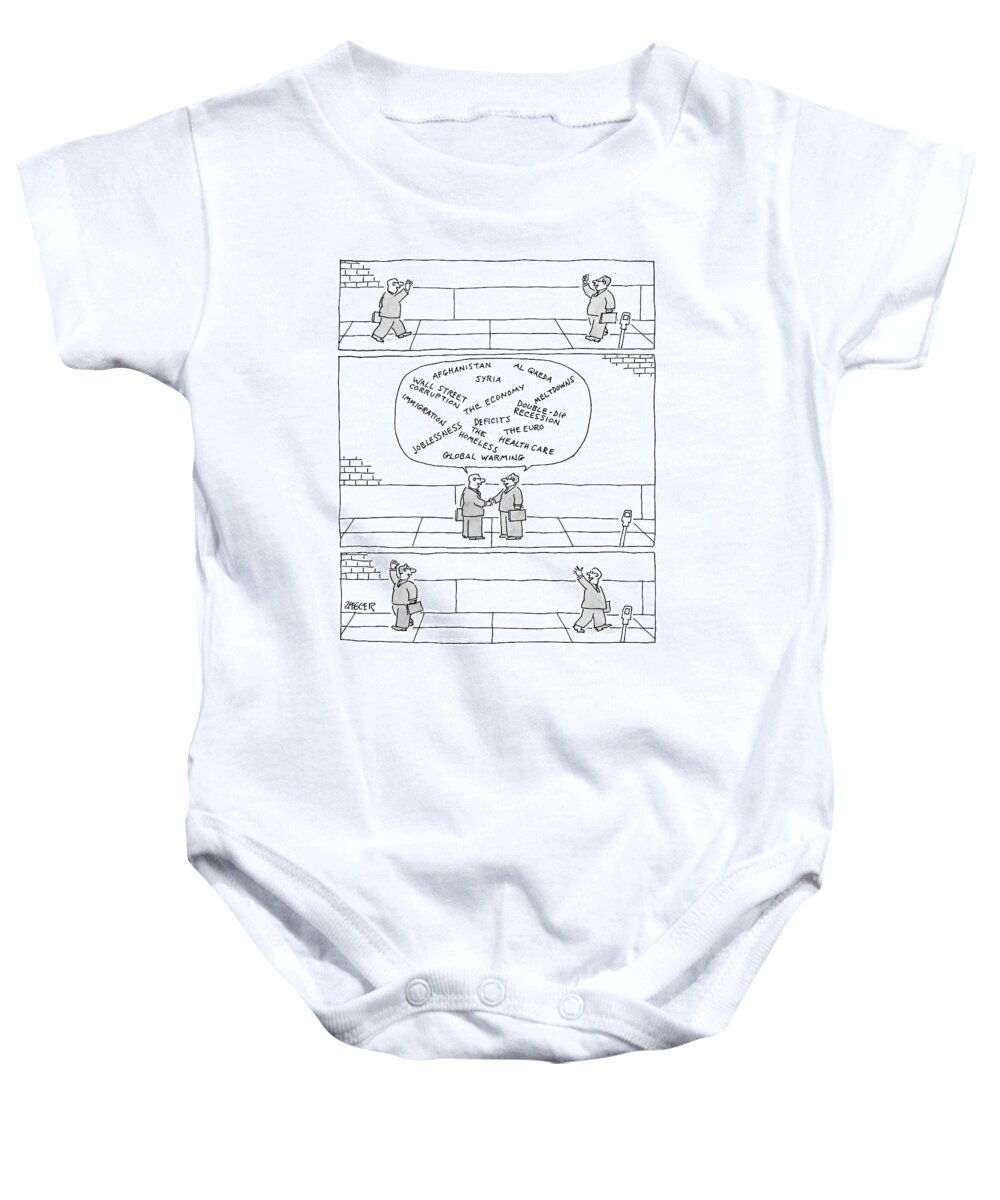 Street Scenes Baby Onesie featuring the drawing Three Panels. First: Two Businessmen Greet Each by Jack Ziegler