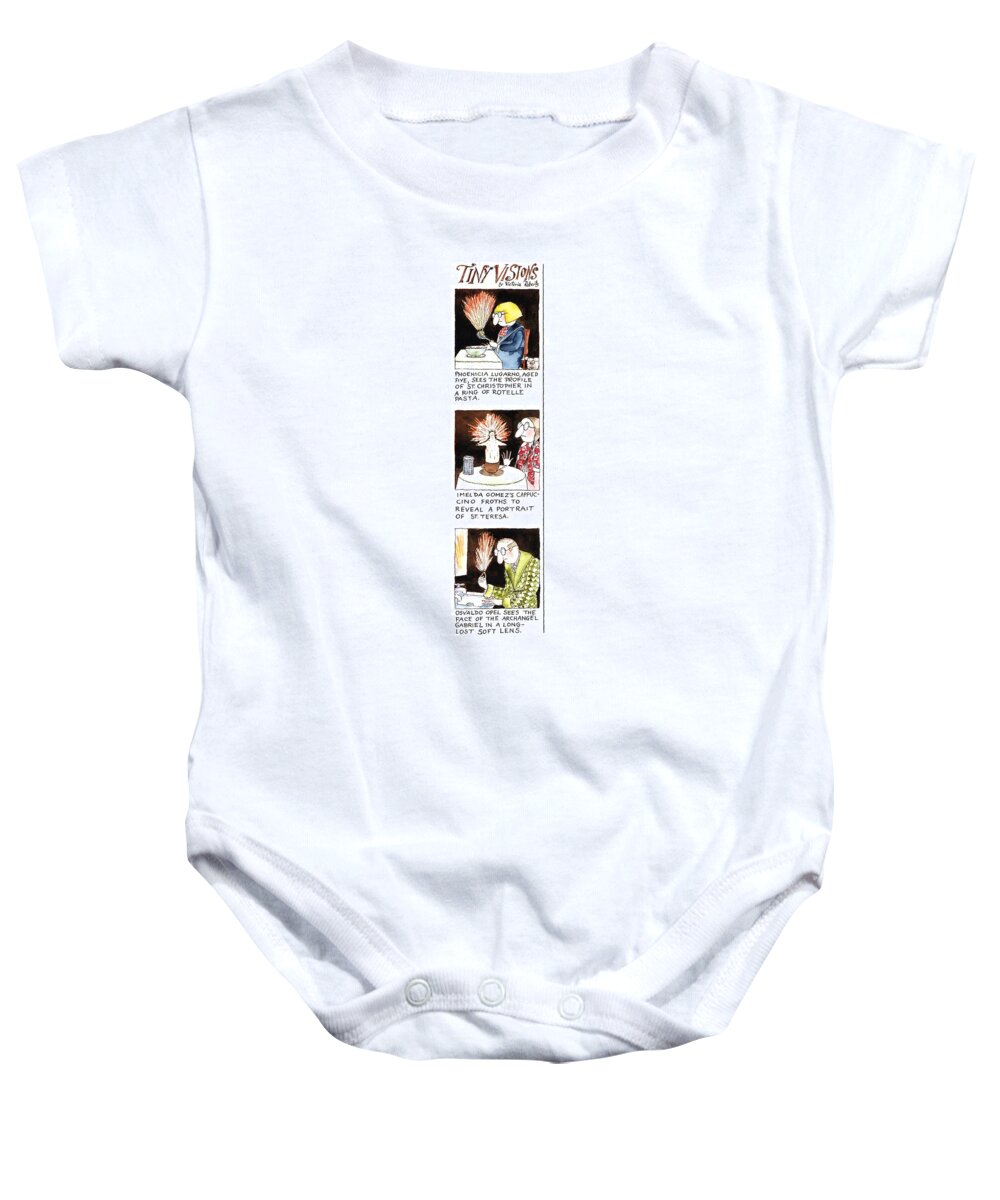 Tiny Visions
(three Illustrations Depicting Saints And Angels Appearing To Ordinary Citizens Through Rotelle Pasta Baby Onesie featuring the drawing Tiny Visions by Victoria Roberts