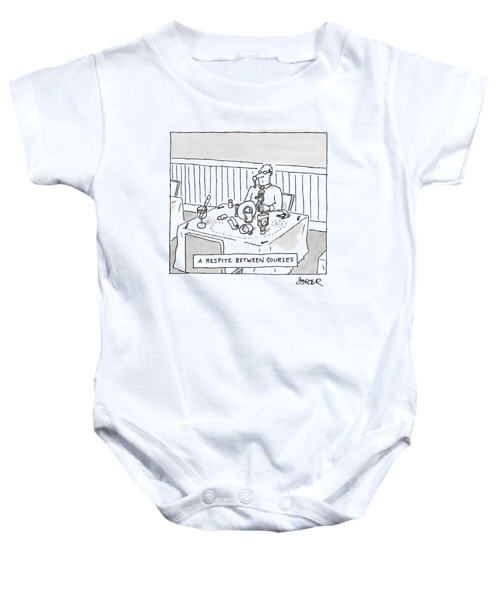 Title: A Man Sits At A Restaurant Table With A Spoon Hanging From His Nose And All Of His Dining Equipment Turned Upside Down. Respite Baby Onesie featuring the drawing Title: A Respite Between Courses. A Man Sits by Jack Ziegler