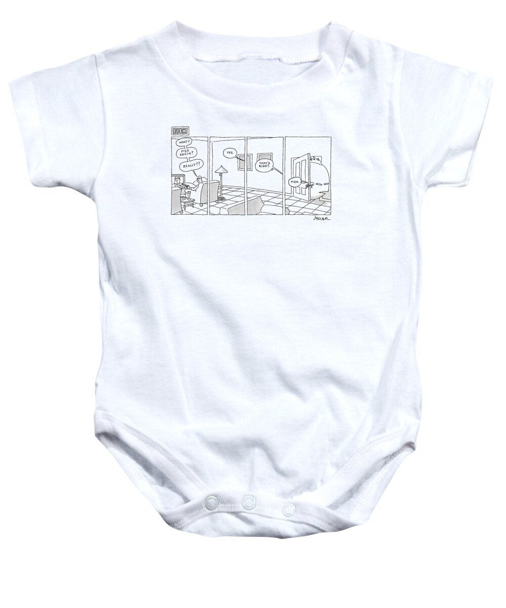 Fish Baby Onesie featuring the drawing Title: Fish. Man Sits Watching Tv And Says by Jack Ziegler