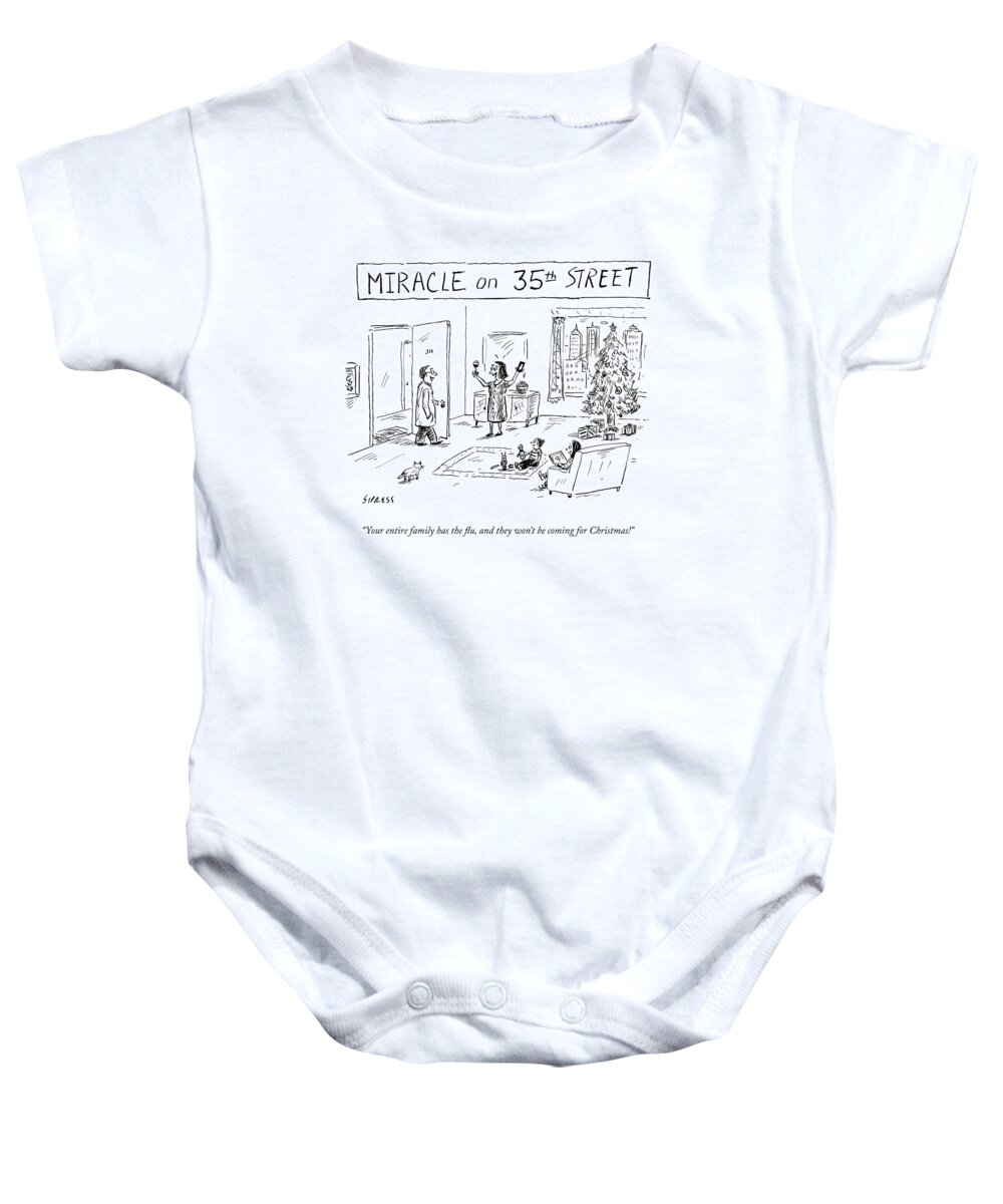 Christmas Baby Onesie featuring the drawing Title: Miracle On 35th Street. A Family by David Sipress