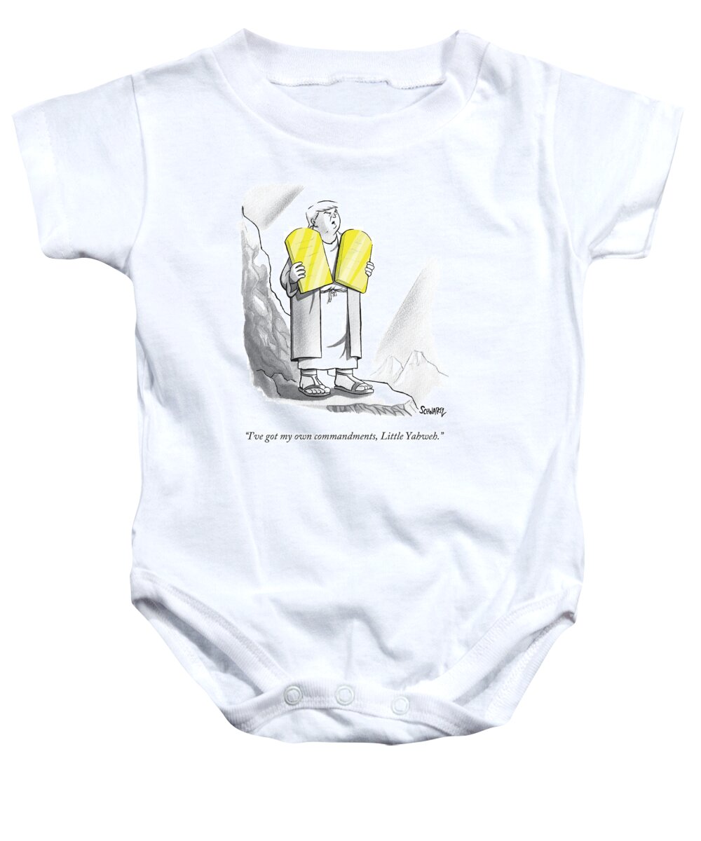 Trump Baby Onesie featuring the drawing Trump Holding Up Two Golden Tablets by Benjamin Schwartz