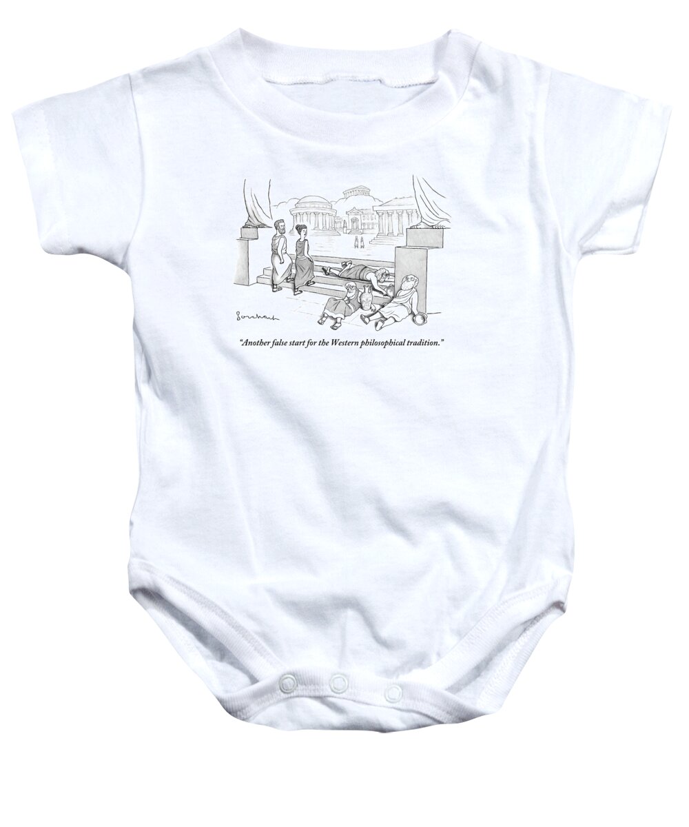 Philosophy Baby Onesie featuring the drawing Two Ancient Greeks Walk Past A Pile Of Drunk by David Borchart