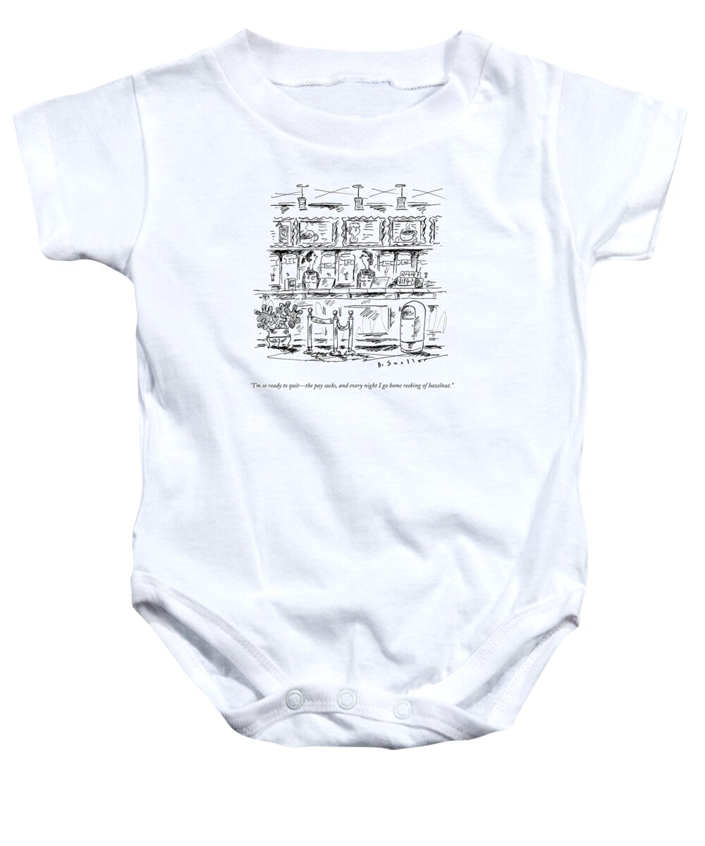 Coffee Baby Onesie featuring the drawing Two Baristas Talk Behind The Counter In A Coffee by Barbara Smaller