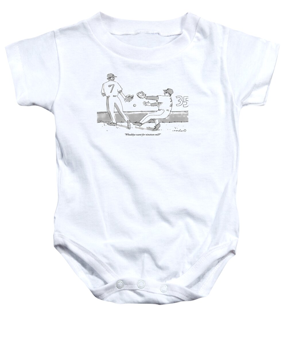Baseball Baby Onesie featuring the drawing Two Baseball Players And A Baseball In The Air by Michael Crawford