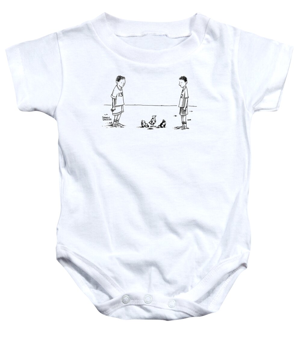 Boys Baby Onesie featuring the drawing Two Boys On A Soccer Team Look Down At The Ground by Shannon Wheeler