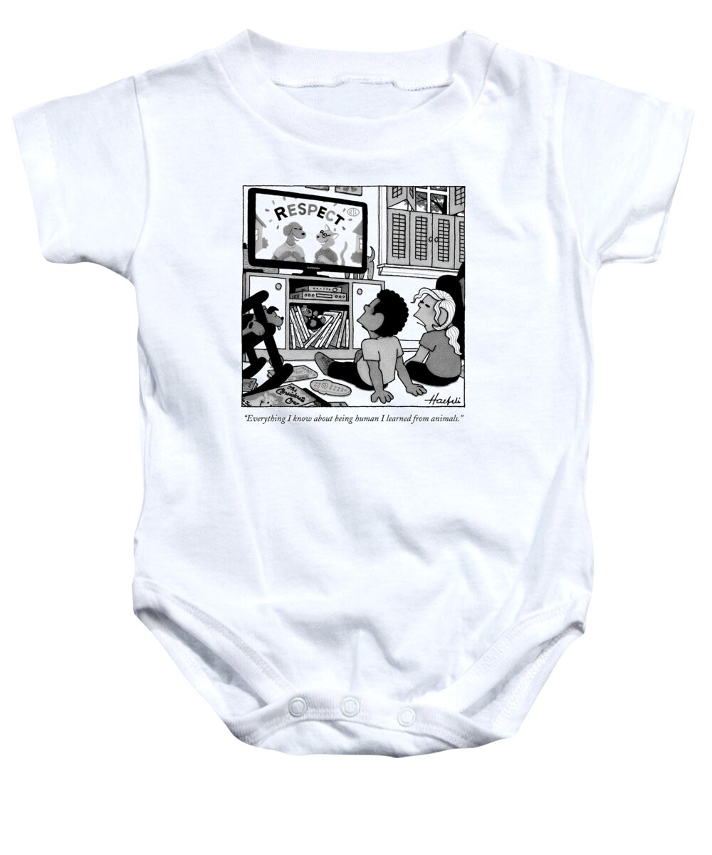 Tv Baby Onesie featuring the drawing Two Children Stare Blankly At A Tv Featuring by William Haefeli