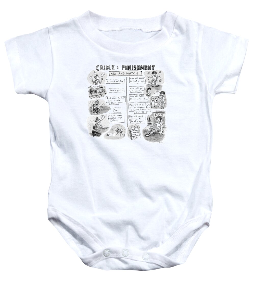 Title: Baby Onesie featuring the drawing Two Columns Contain Entries. The Left Column by Roz Chast