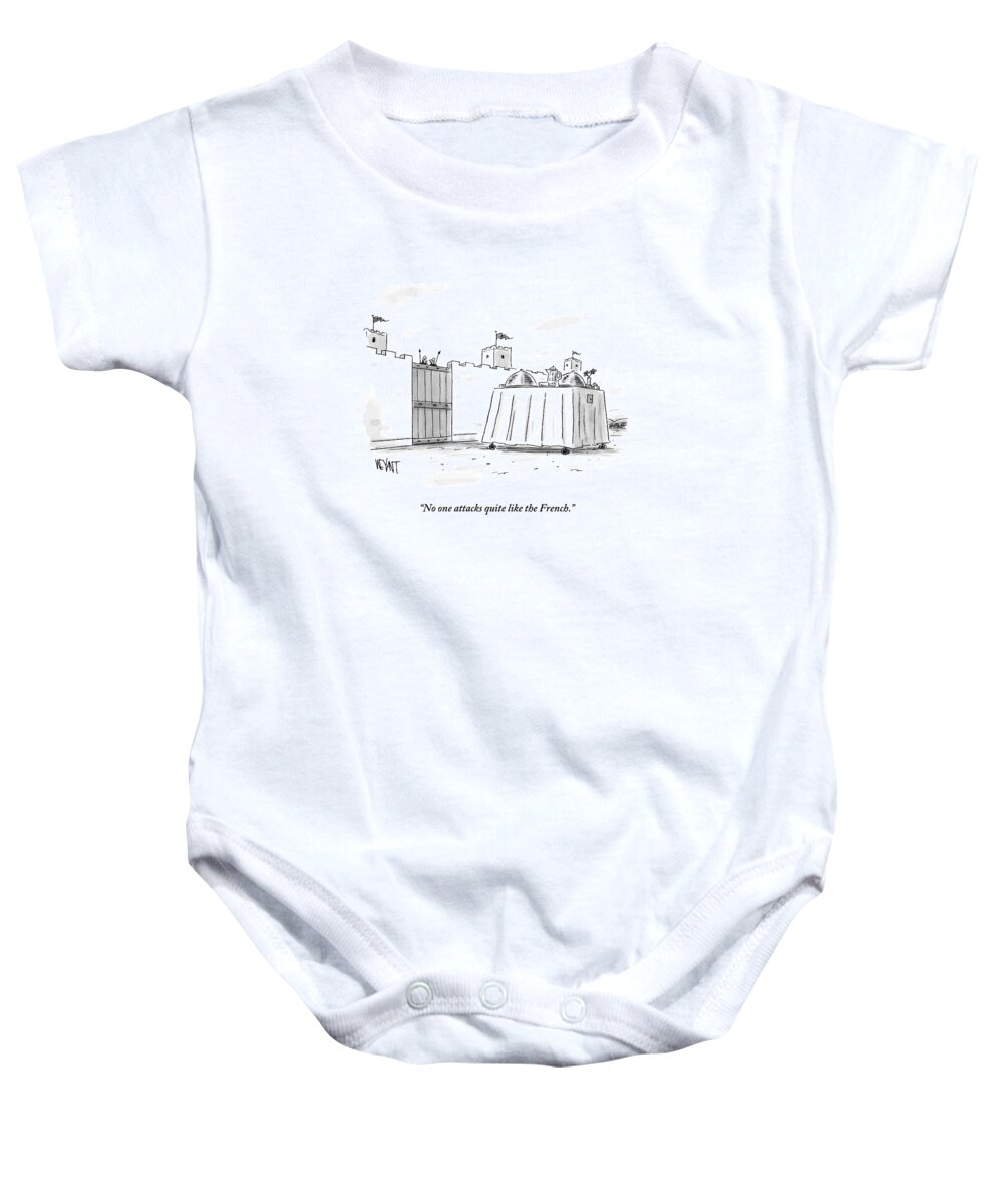 Trojan Horse Baby Onesie featuring the drawing Two Guards Talk To Each Other As A Giant Room by Christopher Weyant