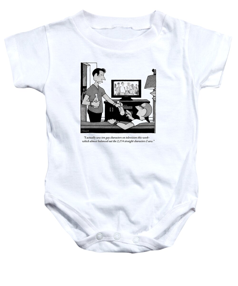 Tv Baby Onesie featuring the drawing Two Men Are Seen Talking In A Living Room by William Haefeli