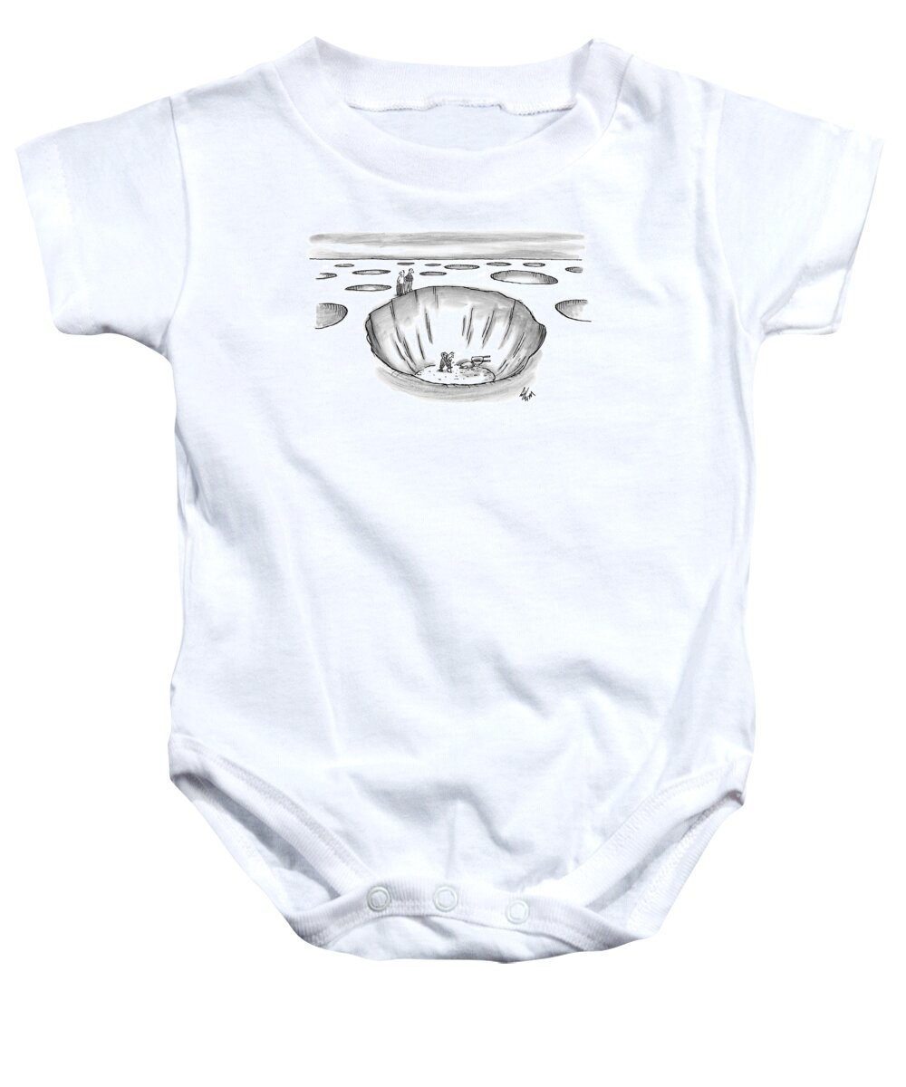 Craters Baby Onesie featuring the drawing Two Men Stand At The Edge Of A Giant Hole by Frank Cotham