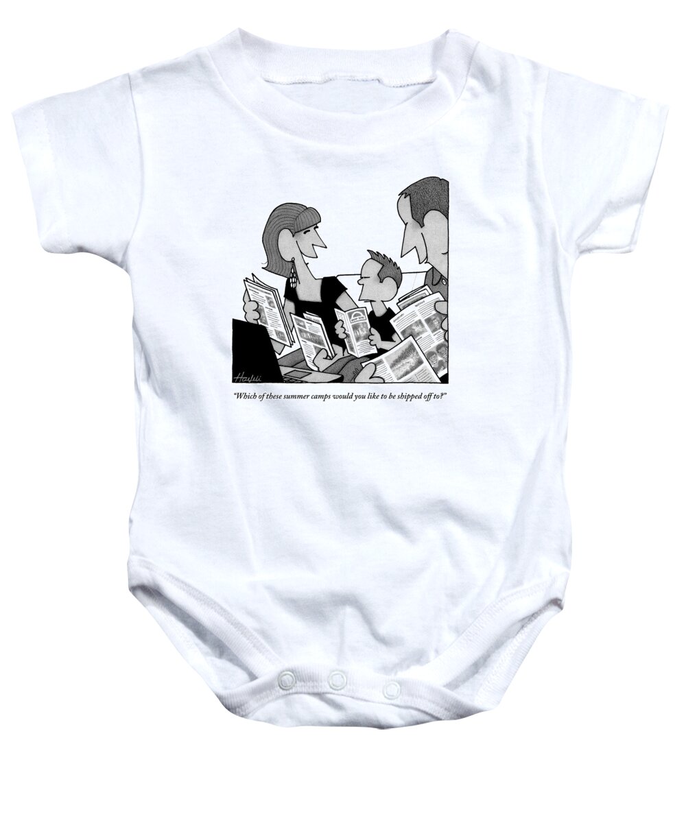 Summer Camp Baby Onesie featuring the drawing Two Parents And Their Son Sit On A Couch. Each by William Haefeli