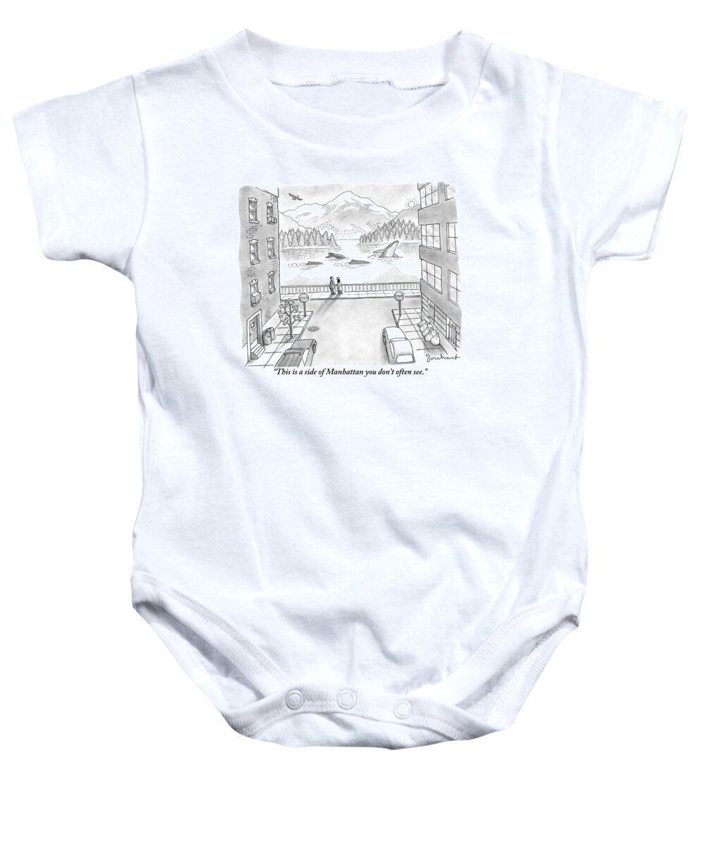 New York Baby Onesie featuring the drawing Two People In Manhattan Gaze Out At A Spectacular by David Borchart