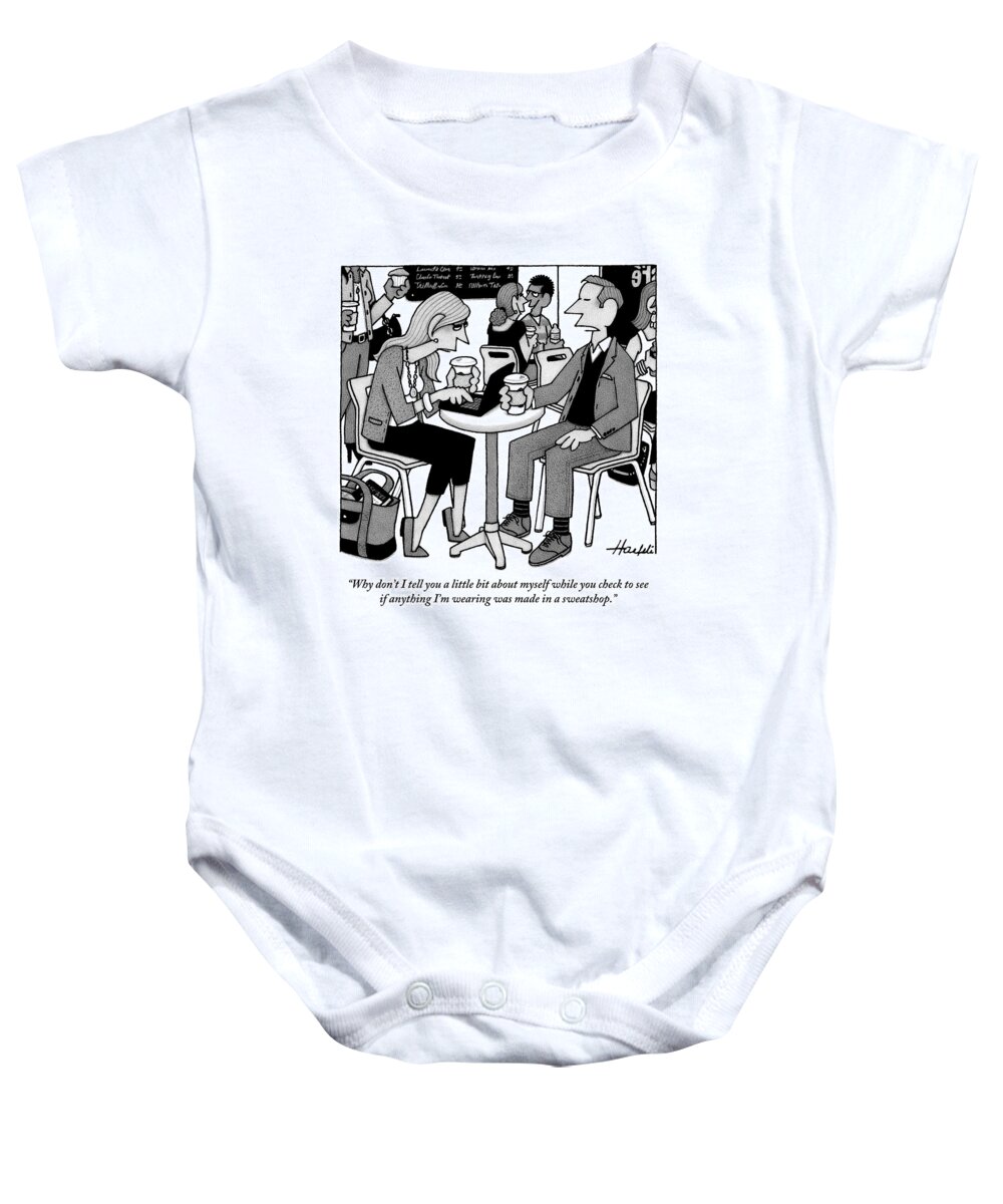 Sweatshop Baby Onesie featuring the drawing Two People Sitting At A Table Drinking Coffee by William Haefeli