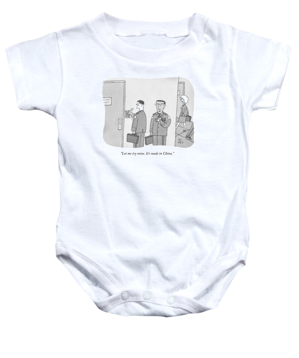 Hotel Baby Onesie featuring the drawing Two Pilots Try To Swipe Their Cards To Gain by Peter C. Vey