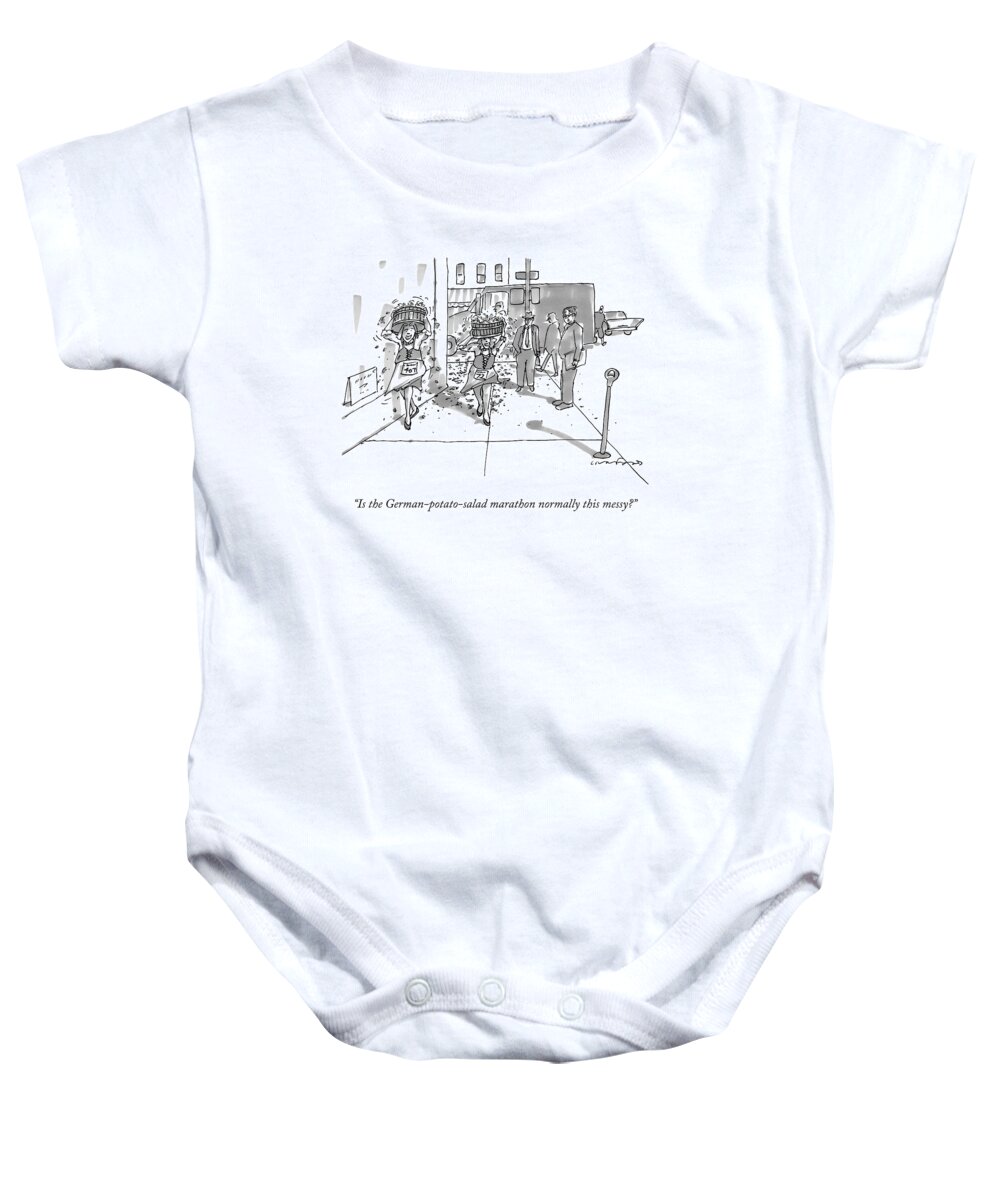 Marathon Baby Onesie featuring the drawing Two Women Carrying Buckets Of Potatoes by Michael Crawford