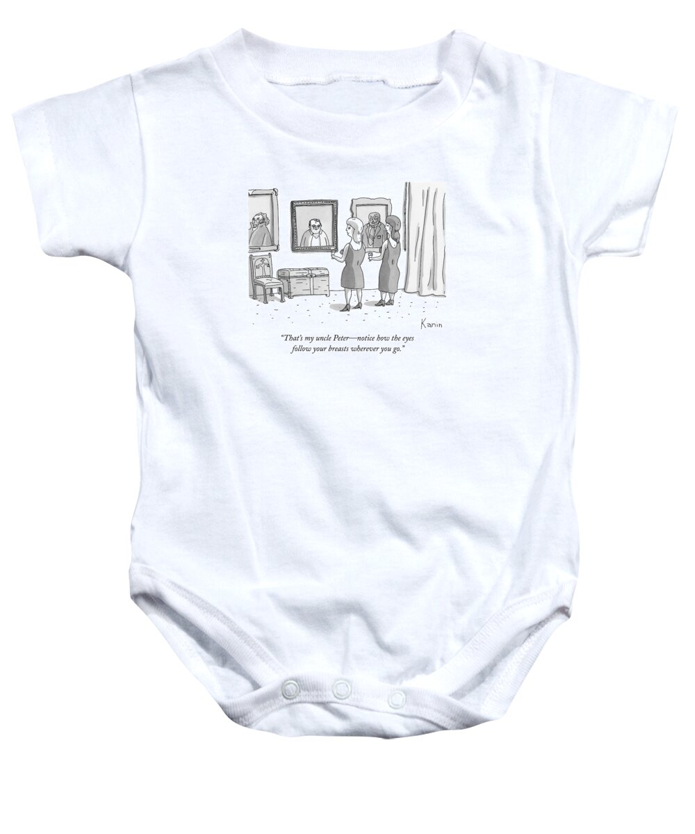 Art Baby Onesie featuring the drawing Two Women Look At A Wall With Three Portraits by Zachary Kanin