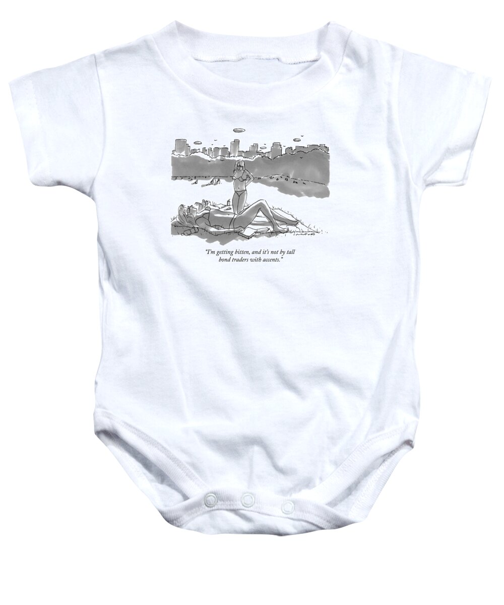 Insect Bites Baby Onesie featuring the drawing Two Women Sun Bathe In Central Park by Michael Crawford