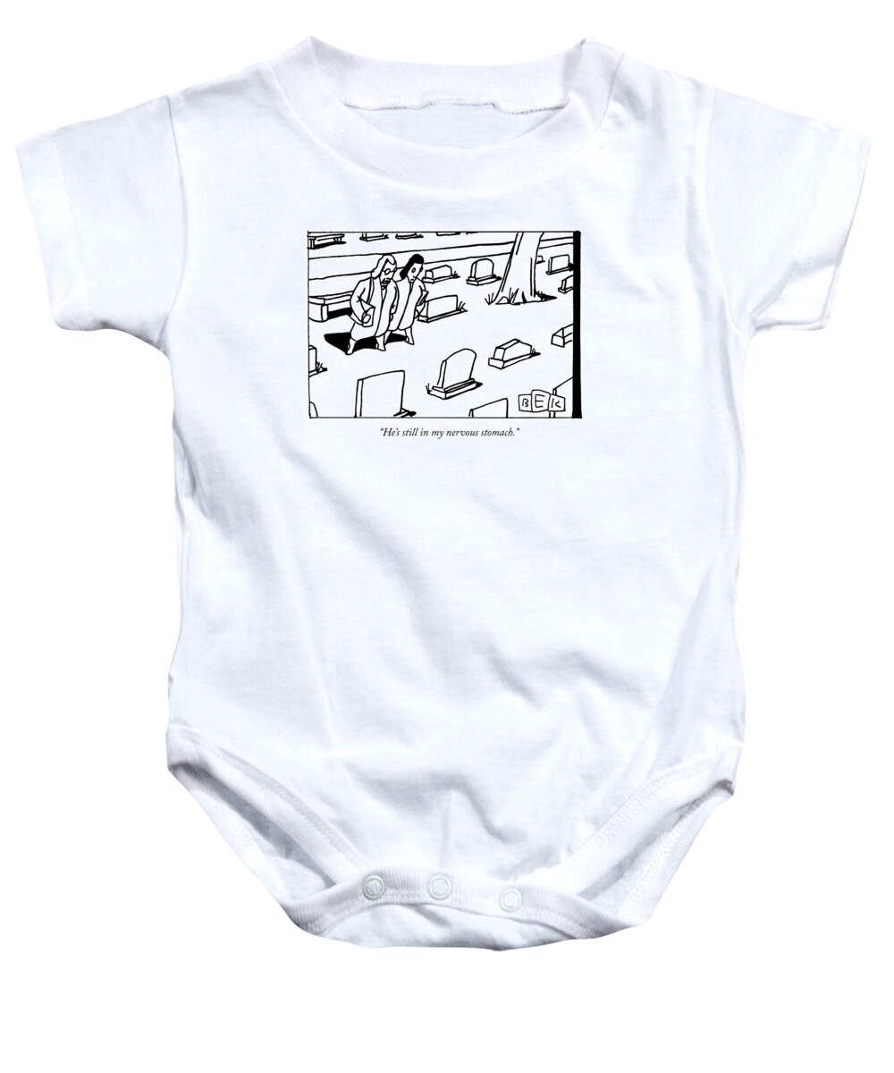Death Baby Onesie featuring the drawing Two Women Walk Through A Cemetery by Bruce Eric Kaplan