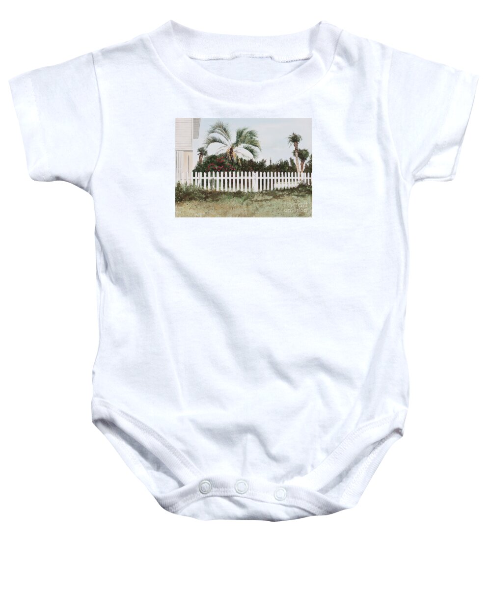 A White Picket Fence Borders A Beautiful Lush Garden On Tybee Island Baby Onesie featuring the painting Tybee Island Roses by Monte Toon