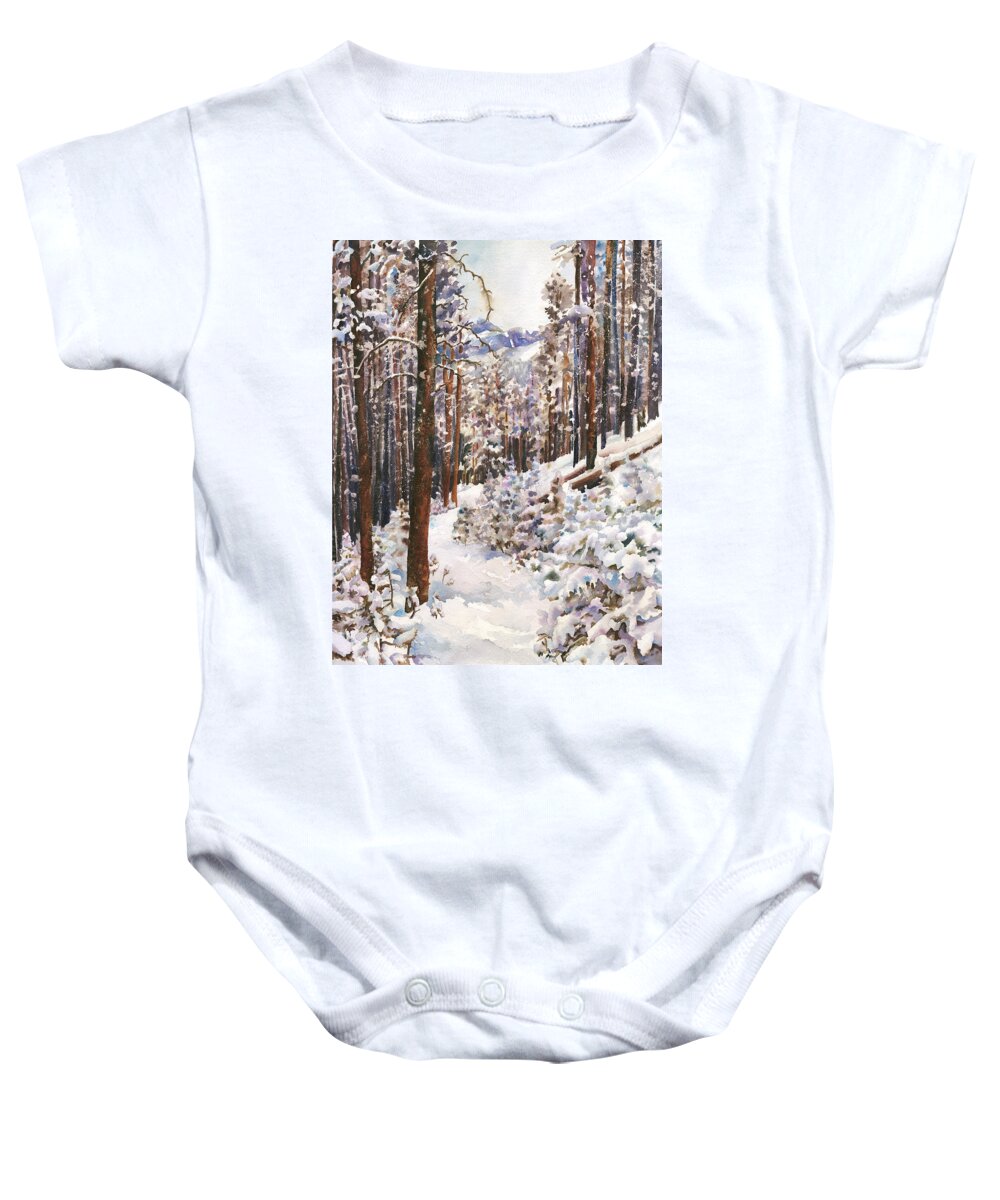 Snow Scene Painting Baby Onesie featuring the painting Unbroken Snow by Anne Gifford