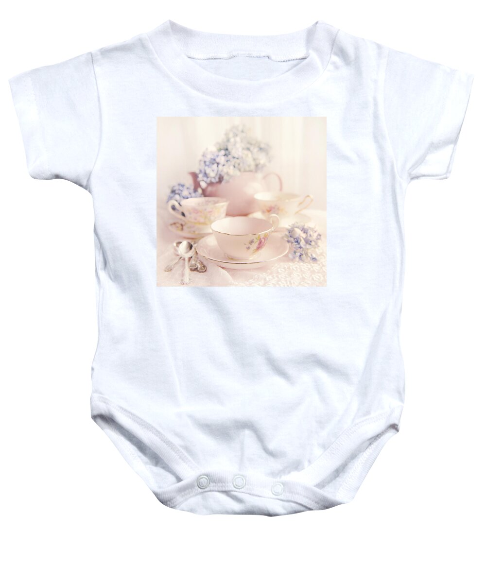 Kitchen Baby Onesie featuring the photograph Vintage Teacups by Theresa Tahara