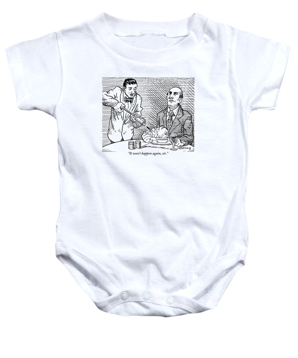 Waiter Baby Onesie featuring the drawing Waiter Spraying Insecticide Into Man's Dinner by Rob Esmay