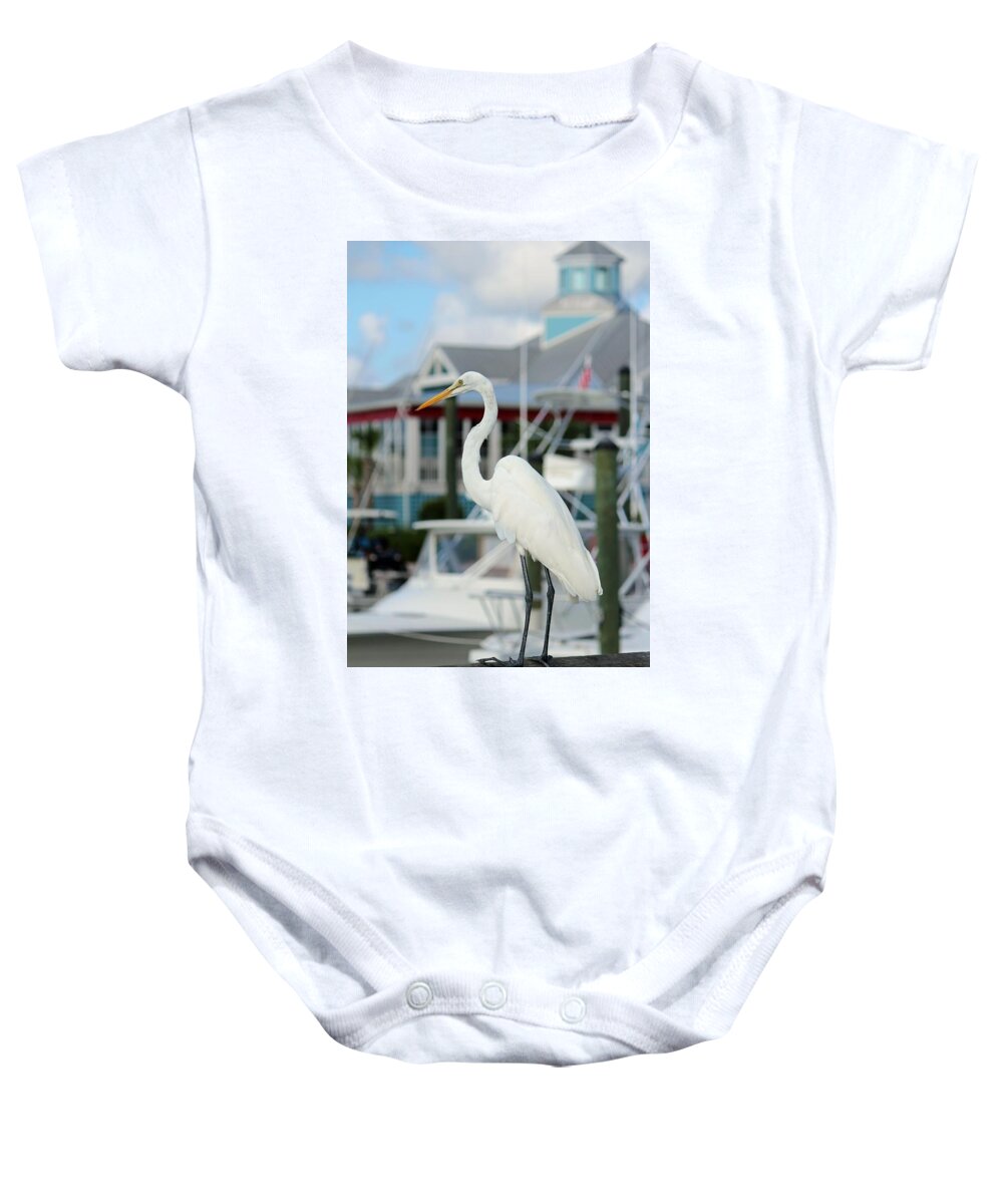 Egret Baby Onesie featuring the digital art Waiting For The Boat by Cynthia Guinn