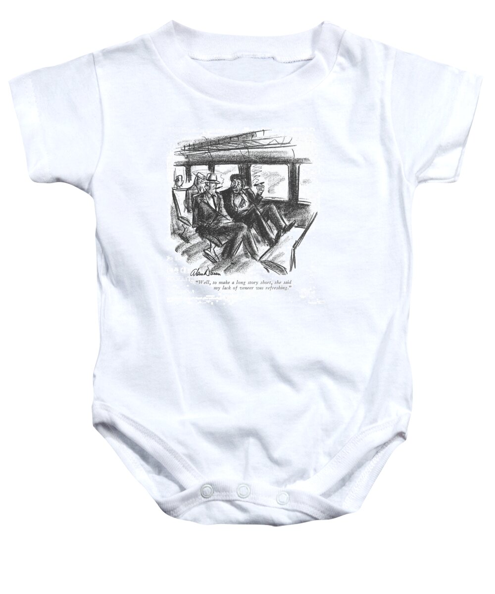 105645 Adu Alan Dunn Baby Onesie featuring the drawing To Make A Long Story Short by Alan Dunn