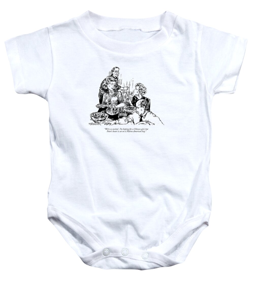 Family Baby Onesie featuring the drawing We're So Excited. I'm Hoping For A Chinese Girl by William Hamilton