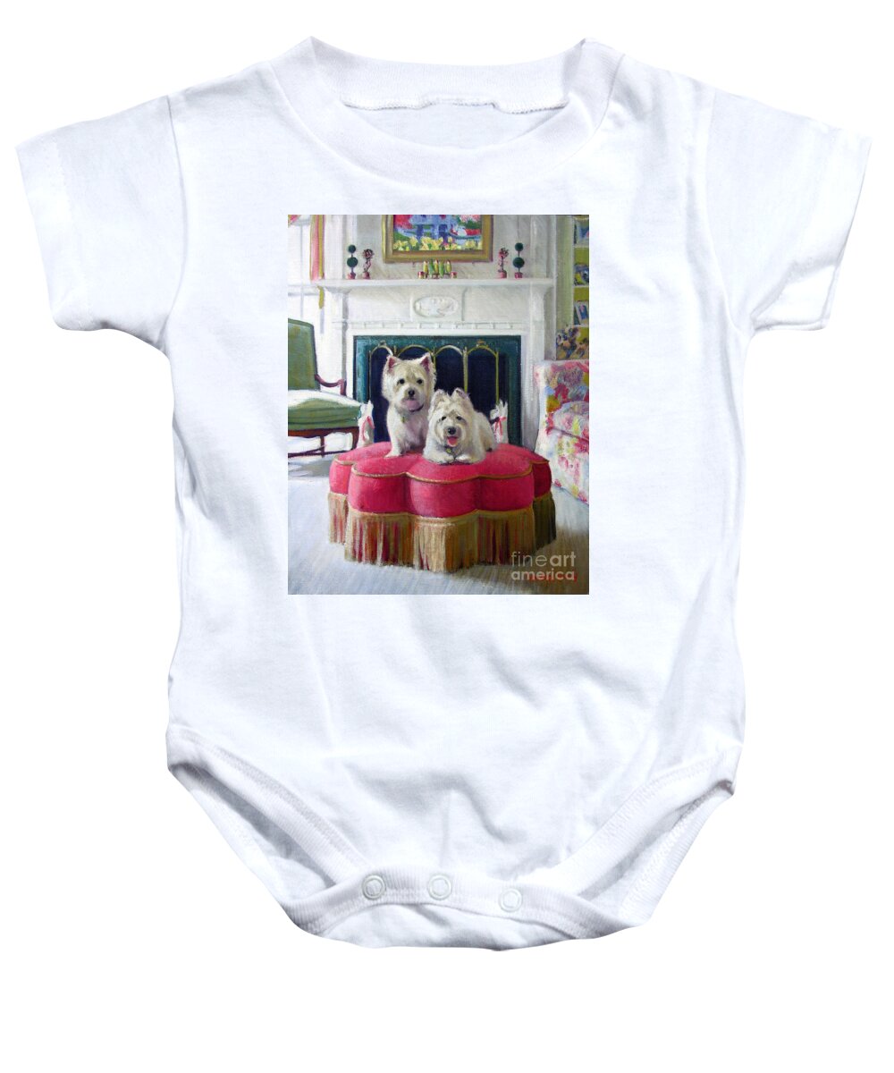 Dogs Baby Onesie featuring the painting Westies in the Living Room by Candace Lovely