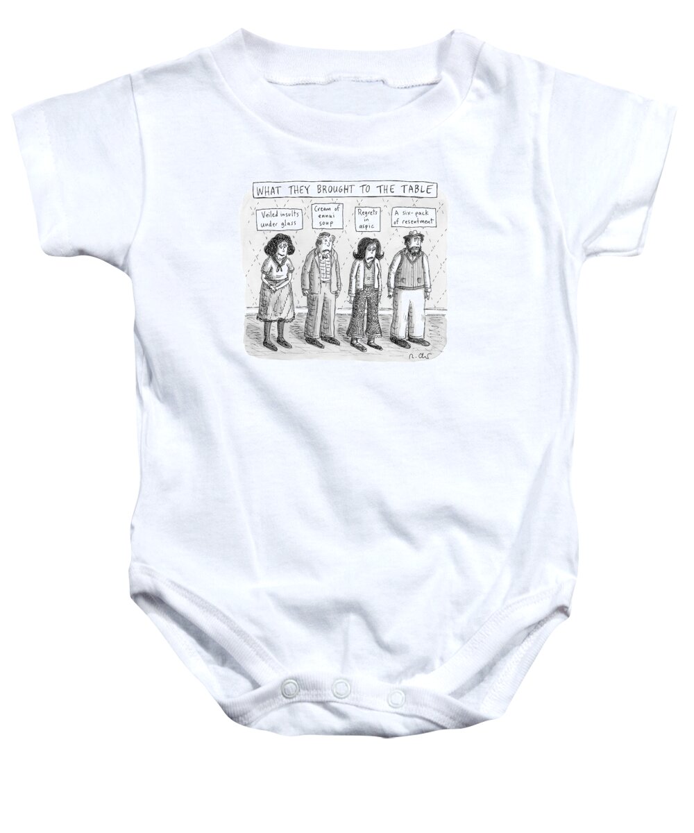 Captionless Family Baby Onesie featuring the drawing What They Brought To The Table -- A Line by Roz Chast
