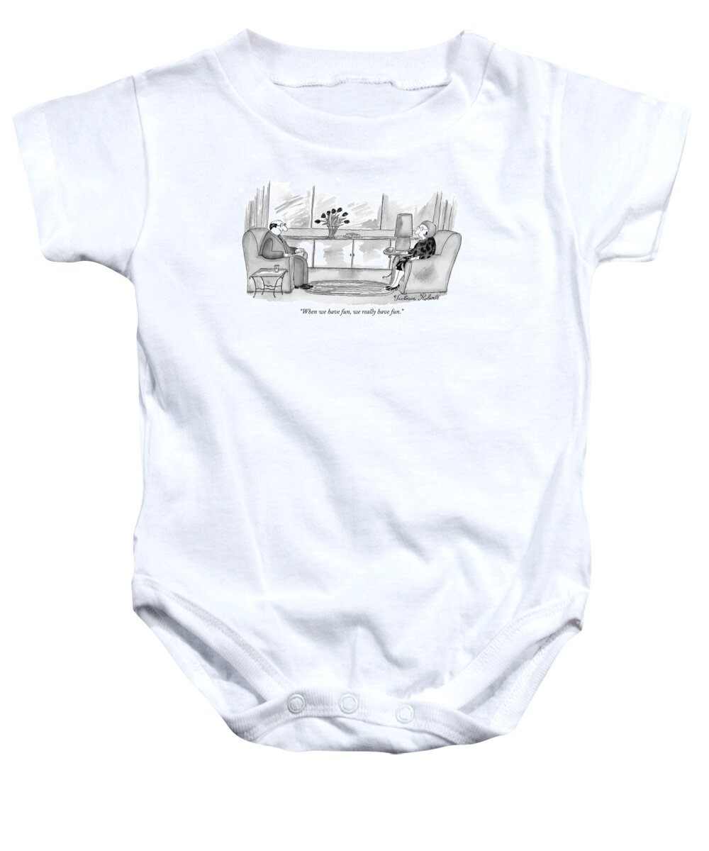 Fun Baby Onesie featuring the drawing When We Have Fun by Victoria Roberts