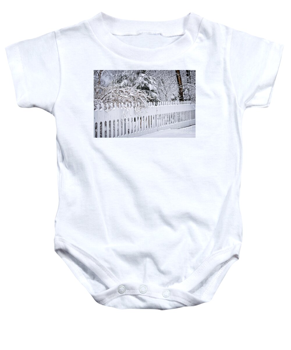 Winter Baby Onesie featuring the photograph White fence with winter trees by Elena Elisseeva